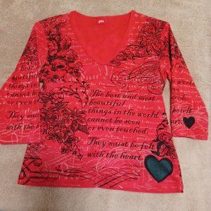 vintage Glima shirt, 3/4 sleeves, red hearts Hellen Keller, women's S